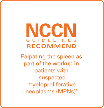 Image of text that says NCCN Guidelines recommend palpating the spleen at diagnosis in all patients with myeloproliferative neoplasms (MPNs)